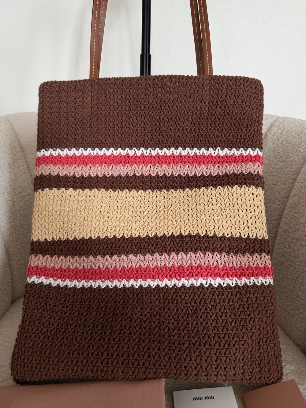 Miu Miu Crochet Knit Shopping Tote Bag Brown Pink Striped Large Raffia-effect - Picture 7 of 14